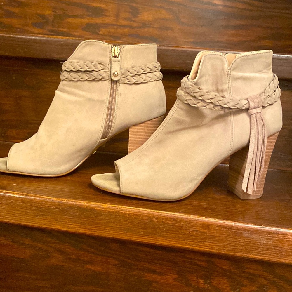 Beige Suede look  open toed booties with tassels